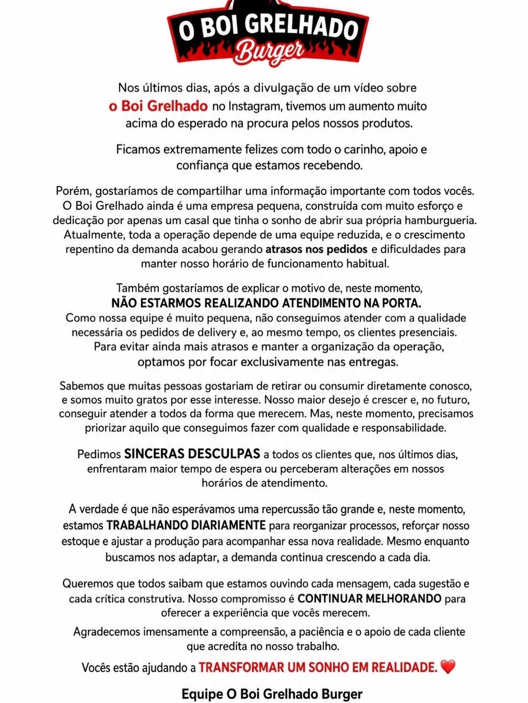 Boi Grelhado's announcement about closing delivery early